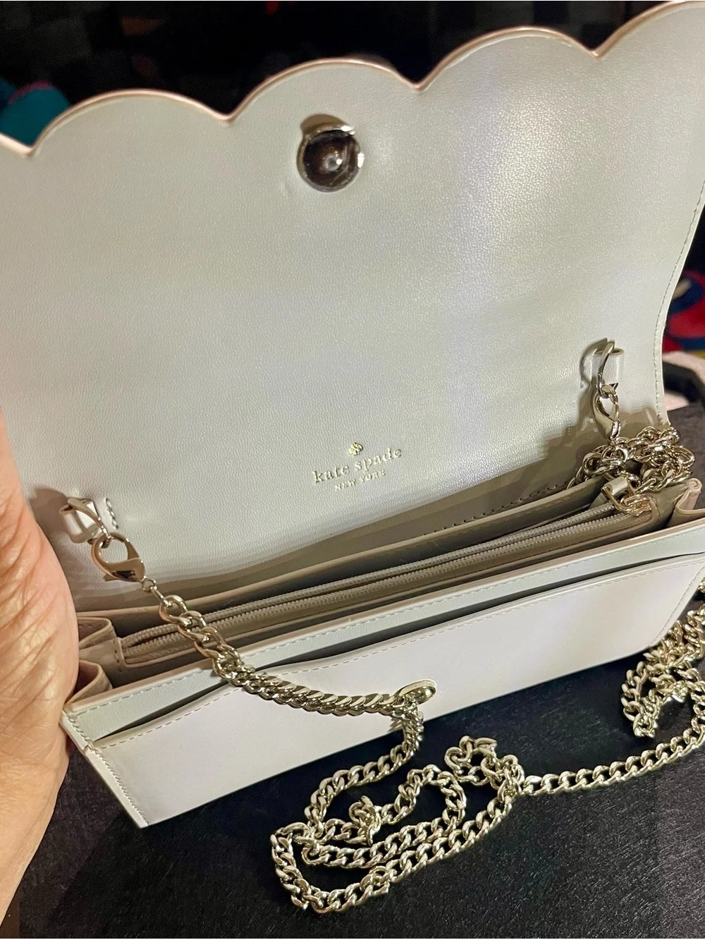 kate spade Scalloped-Edge Wallet Clutch in Cream with Gold Logo